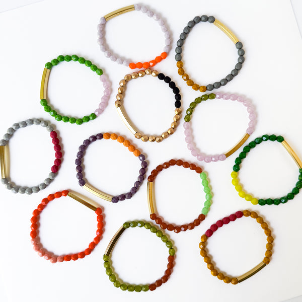 Two-Tone Colorful Stretchy Bead Bracelets with Brass Tubes