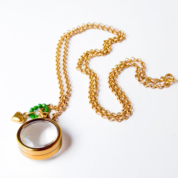 Gold Keepsake Pendant Necklace with Glass Locket & Heart Charm