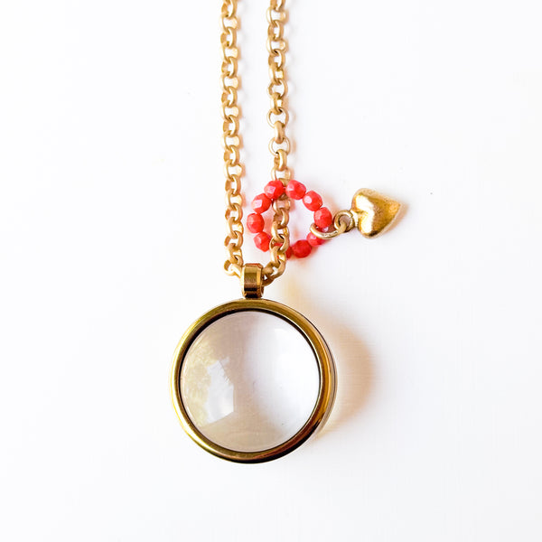 Gold Keepsake Pendant Necklace with Glass Locket & Heart Charm