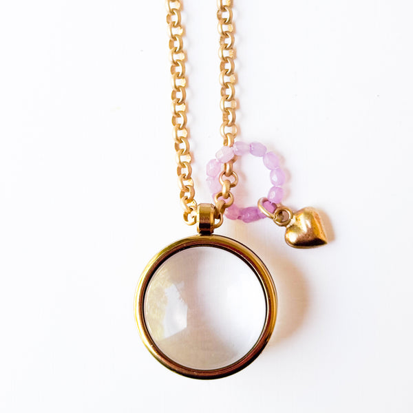 Gold Keepsake Pendant Necklace with Glass Locket & Heart Charm