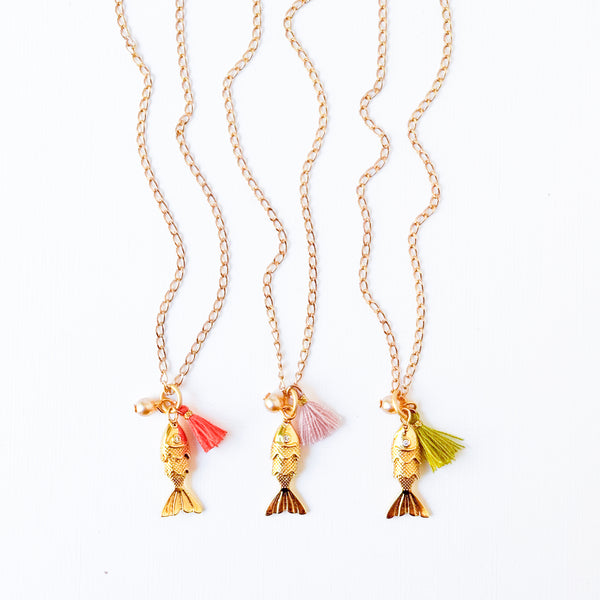 24K Gold Plated Fish Charm Necklace with Crystal Pearl