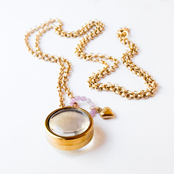 Gold Keepsake Pendant Necklace with Glass Locket & Heart Charm