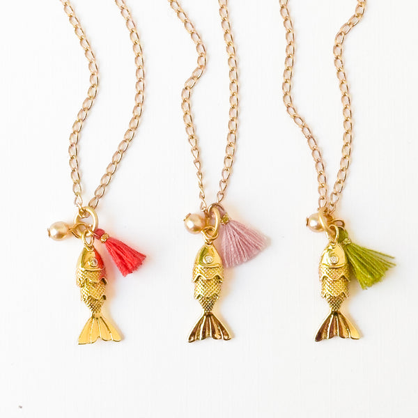 24K Gold Plated Fish Charm Necklace with Crystal Pearl