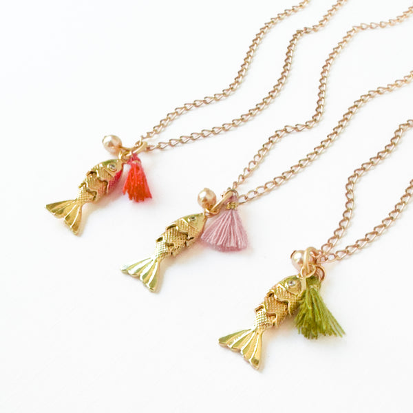 24K Gold Plated Fish Charm Necklace with Crystal Pearl