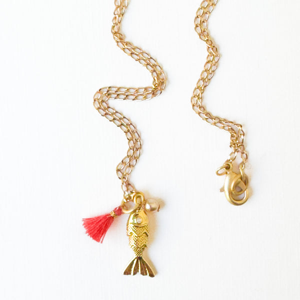 24K Gold Plated Fish Charm Necklace with Crystal Pearl