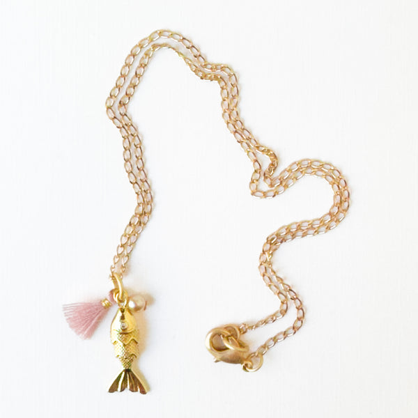 24K Gold Plated Fish Charm Necklace with Crystal Pearl
