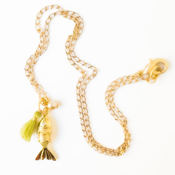 24K Gold Plated Fish Charm Necklace with Crystal Pearl
