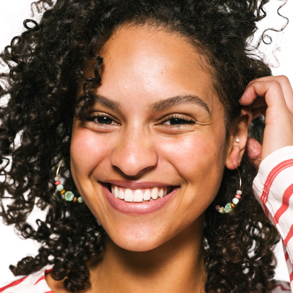 Big Gold Hoops With Turquoise Glass Flower beads
