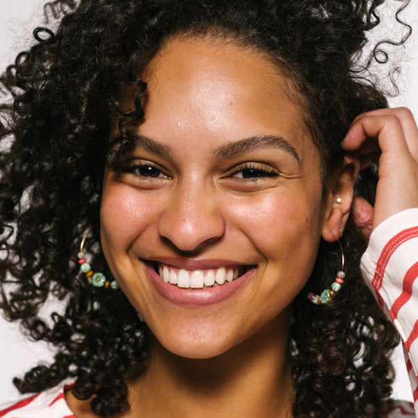 Big Gold Hoops With Turquoise Glass Flower beads