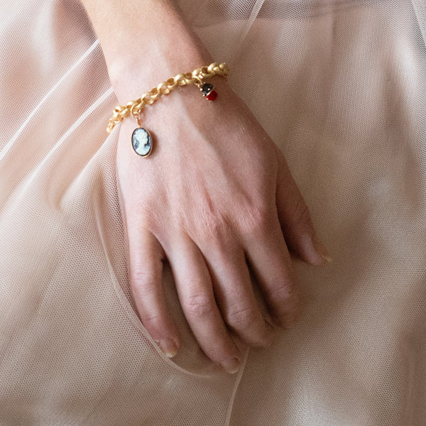 Gold Charm Bracelet with Heart, Cameo & Fish Charms