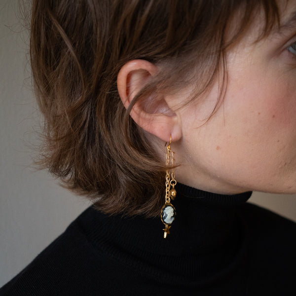 Long Cameo Charm Earrings with Heart, Star & Gold Chains