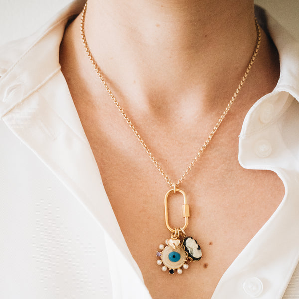 Evil Eye & Cameo Charm Necklace with Gold Carabiner