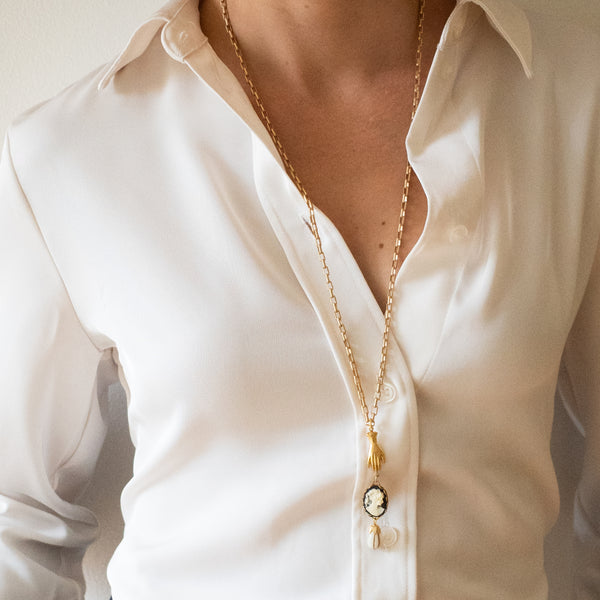 24K Satin Gold Cameo & Hand Charm Necklace