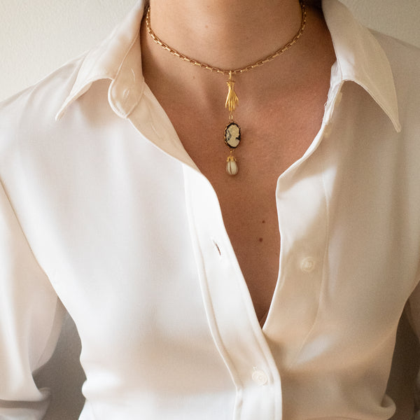 24K Satin Gold Cameo & Hand Charm Necklace