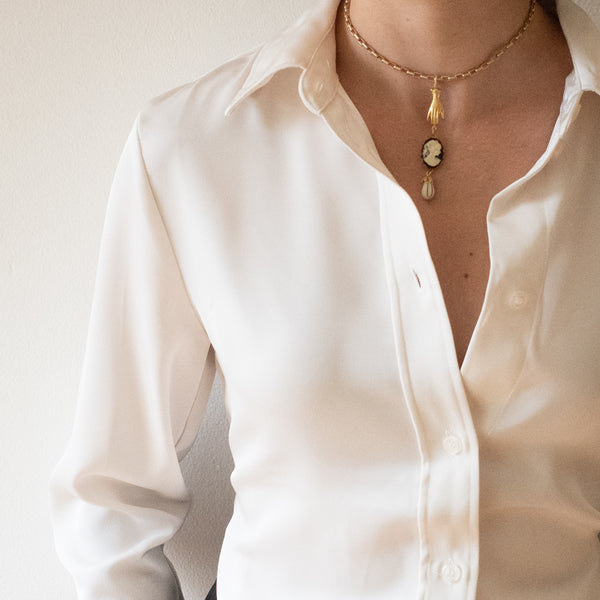 24K Satin Gold Cameo & Hand Charm Necklace