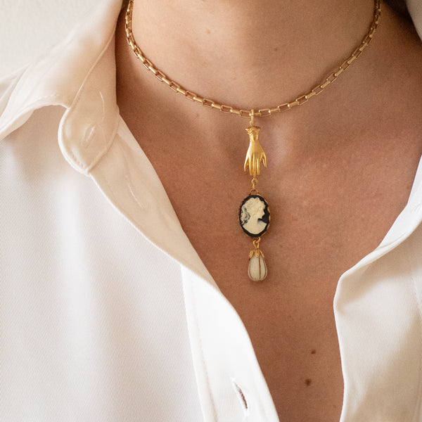 24K Satin Gold Cameo & Hand Charm Necklace
