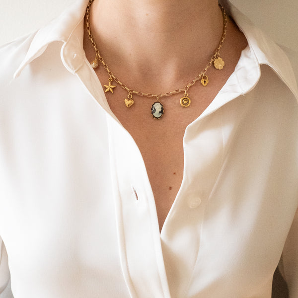 24K Satin Gold Multi-Charm Cameo Necklace