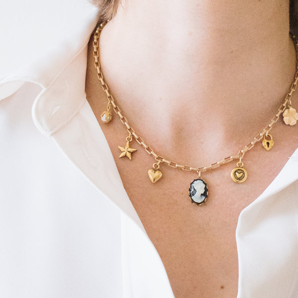 24K Satin Gold Multi-Charm Cameo Necklace