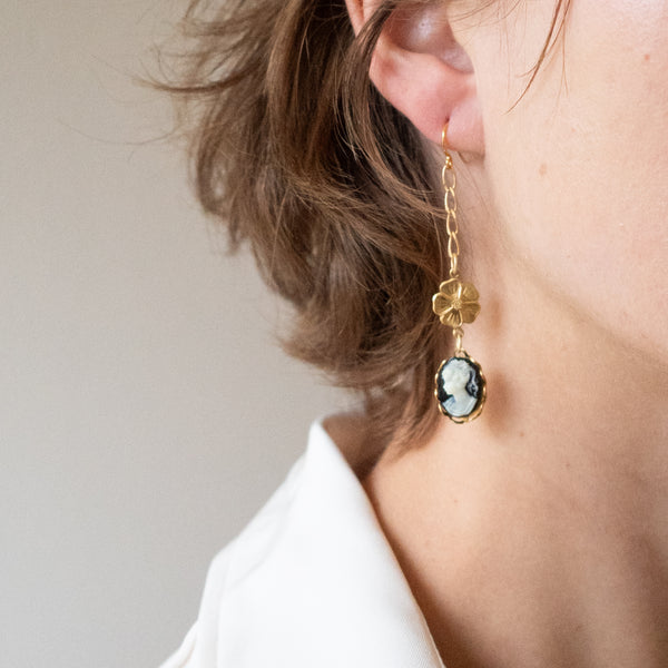 Long Cameo Drop Earrings with Satin Gold Chain and Flower