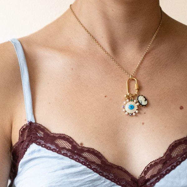 Evil Eye & Cameo Charm Necklace with Gold Carabiner
