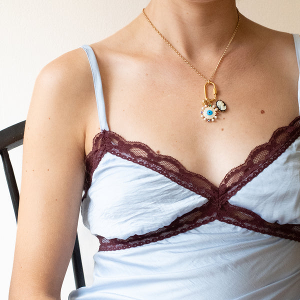 Evil Eye & Cameo Charm Necklace with Gold Carabiner