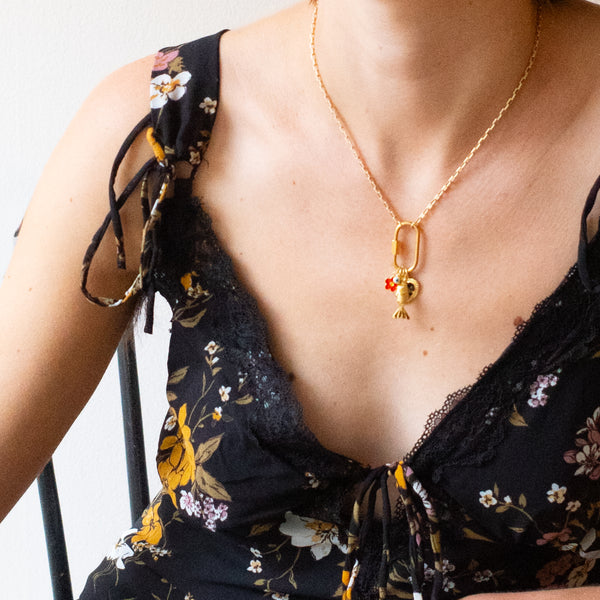 Small Gold Carabiner Charm Necklace with Black Heart, Fish charms