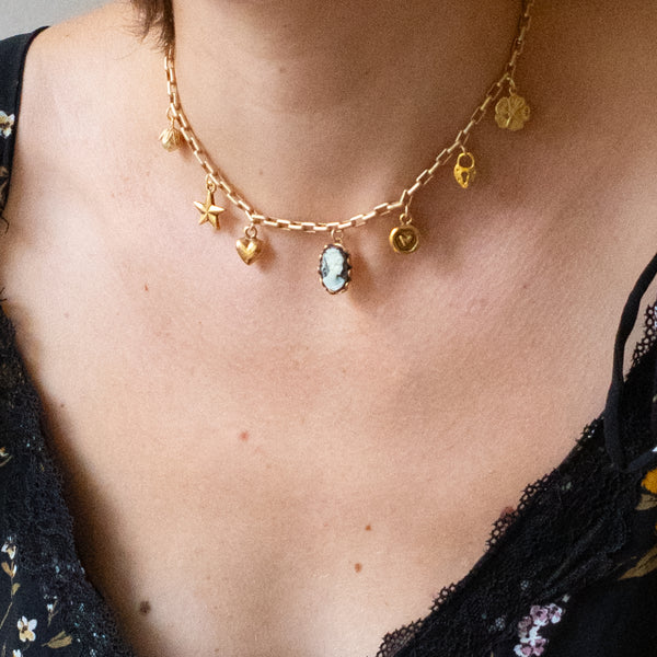 24K Satin Gold Multi-Charm Cameo Necklace