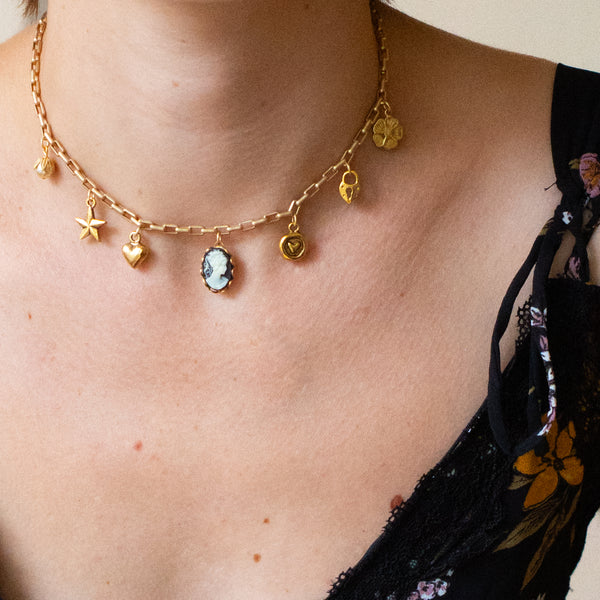 24K Satin Gold Multi-Charm Cameo Necklace