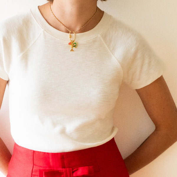 Small Gold Carabiner Charm Necklace with Fish & Green Heart Charms