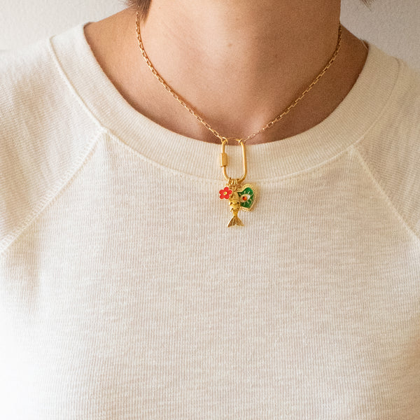 Small Gold Carabiner Charm Necklace with Fish & Green Heart Charms