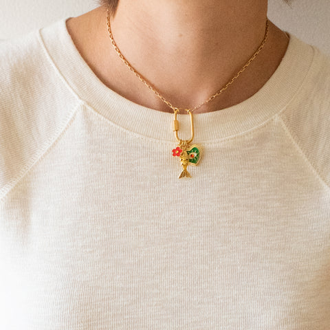 Small Gold Carabiner Charm Necklace with Fish & Green Heart Charms