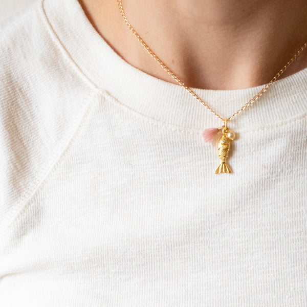 24K Gold Plated Fish Charm Necklace with Crystal Pearl