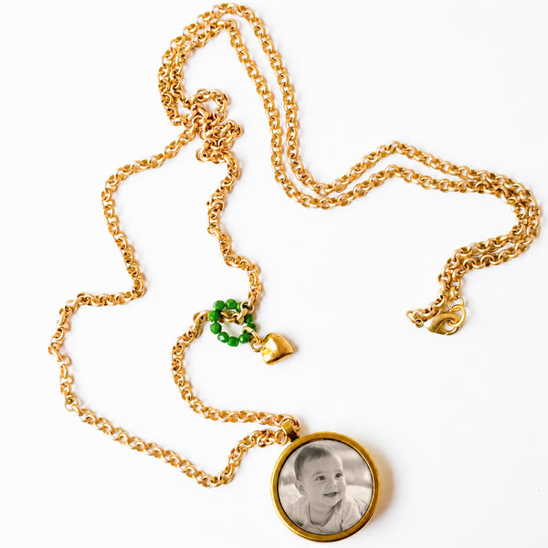 Gold Keepsake Pendant Necklace with Glass Locket & Heart Charm