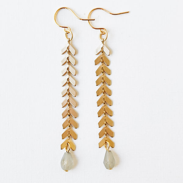 Long Gold Chevron and Pale Grey Bead Earrings