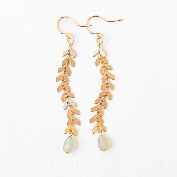 Long Gold Chevron and Pale Grey Bead Earrings