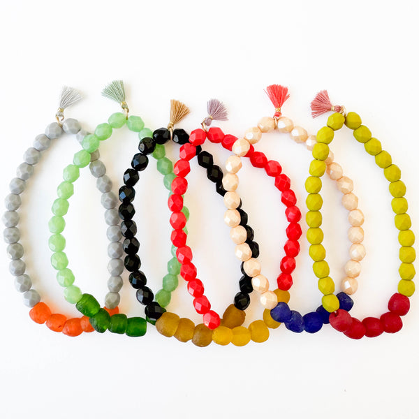 Recycled Glass And Bead Stretchy Bracelet 