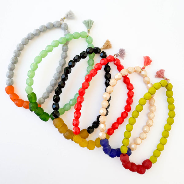 Recycled Glass And Bead Stretchy Bracelet 