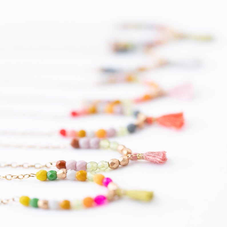 Multi color diamond-cut small beads necklace in 18 kt gold