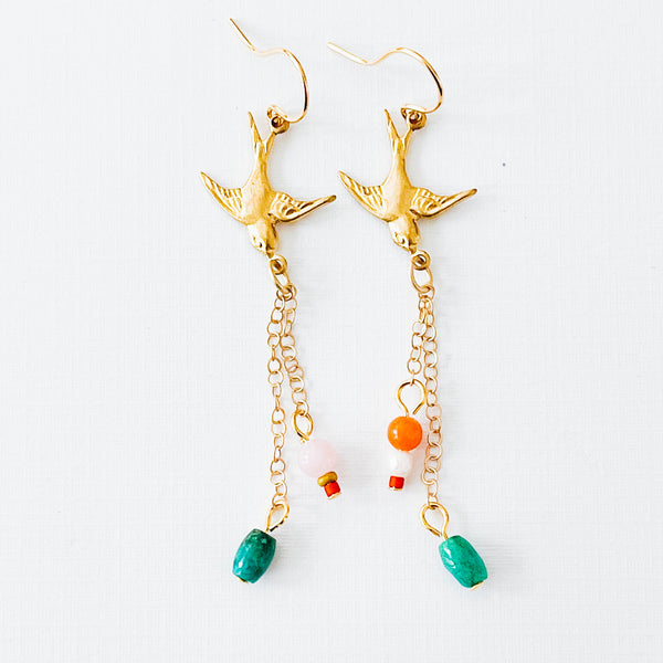 Long Bird Charm Earrings